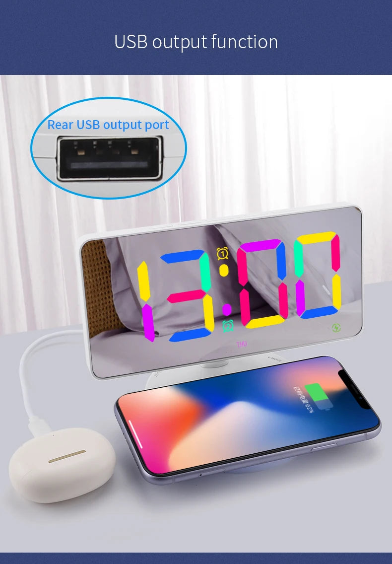 IQ-Kablosuz Şarjlı Masaüstü Saat USB Çıkışlı, Masa ve Masa Alarmı, LED RGB Ekran, Modern Ev Dekoru