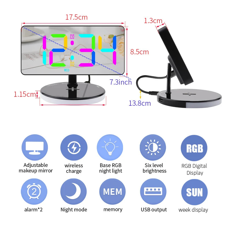 IQ-Wireless Charge Tischuhr mit USB-Ausgang, Schreibtisch- und Tischwecker, LED-RGB-Display, modernes Wohndekor