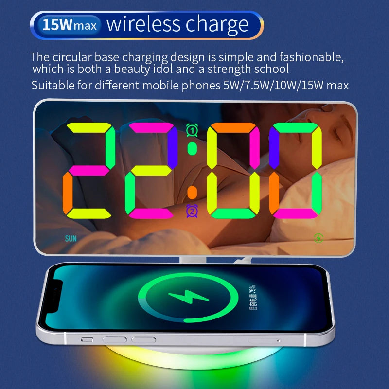 IQ-Wireless Charge Tischuhr mit USB-Ausgang, Schreibtisch- und Tischwecker, LED-RGB-Display, modernes Wohndekor