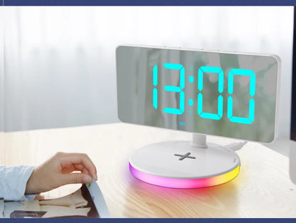 IQ-Kablosuz Şarjlı Masaüstü Saat USB Çıkışlı, Masa ve Masa Alarmı, LED RGB Ekran, Modern Ev Dekoru