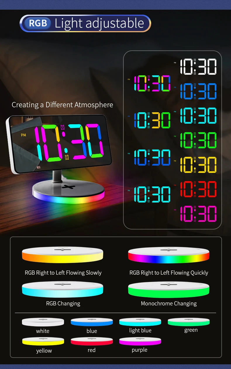 IQ-Wireless Charge Tischuhr mit USB-Ausgang, Schreibtisch- und Tischwecker, LED-RGB-Display, modernes Wohndekor