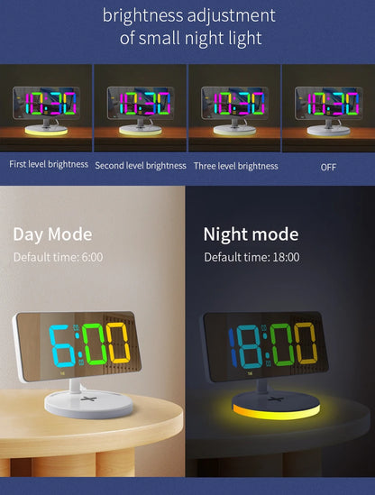 IQ-Kablosuz Şarjlı Masaüstü Saat USB Çıkışlı, Masa ve Masa Alarmı, LED RGB Ekran, Modern Ev Dekoru
