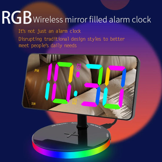 IQ-Wireless Charge Tabletop Clock with USB Output, Desk and Table Alarm, LED RGB Display, Modern Home Decor 