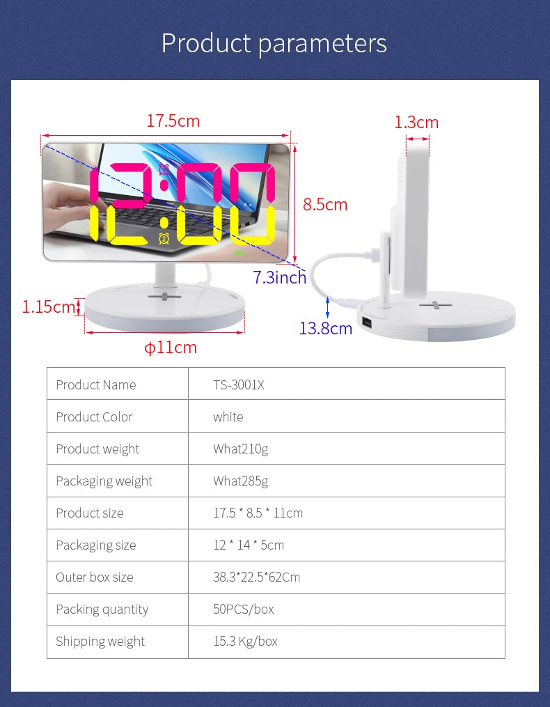 IQ-Wireless Charge Tischuhr mit USB-Ausgang, Schreibtisch- und Tischwecker, LED-RGB-Display, modernes Wohndekor