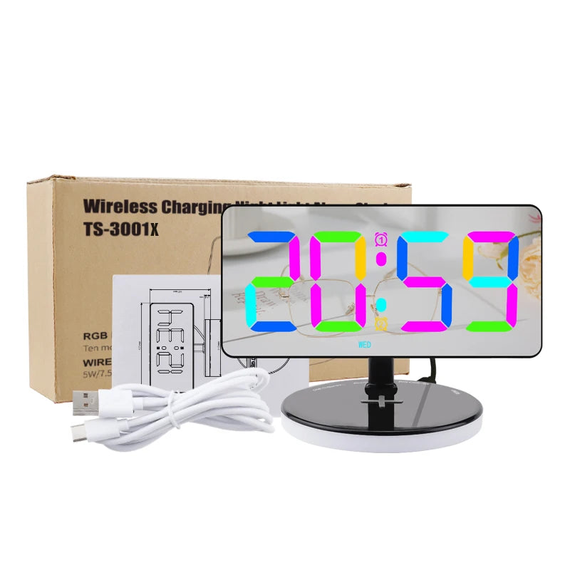 IQ-Wireless Charge Tischuhr mit USB-Ausgang, Schreibtisch- und Tischwecker, LED-RGB-Display, modernes Wohndekor